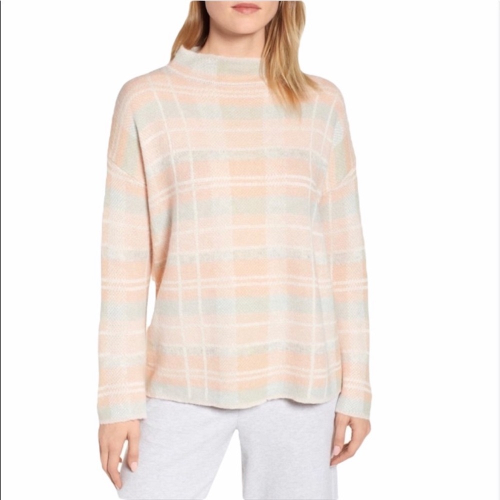 Lou & Grey Plaid as Swatch Mock Neck Sweater Alpaca Wool Blend Pink Womens Large